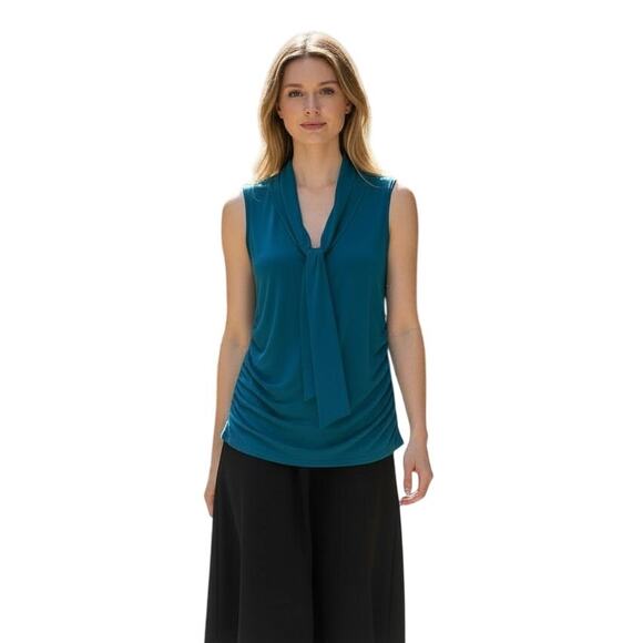 WHBM Teal Tie Front Sleeveless Blouse Ruched Side Polished Stretch Knit Sz M NEW - Picture 2 of 8